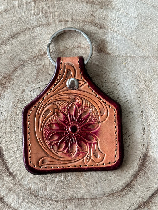 MAGENTA - Tooled Leather Cattle Tag Key Rings / Bag Tags