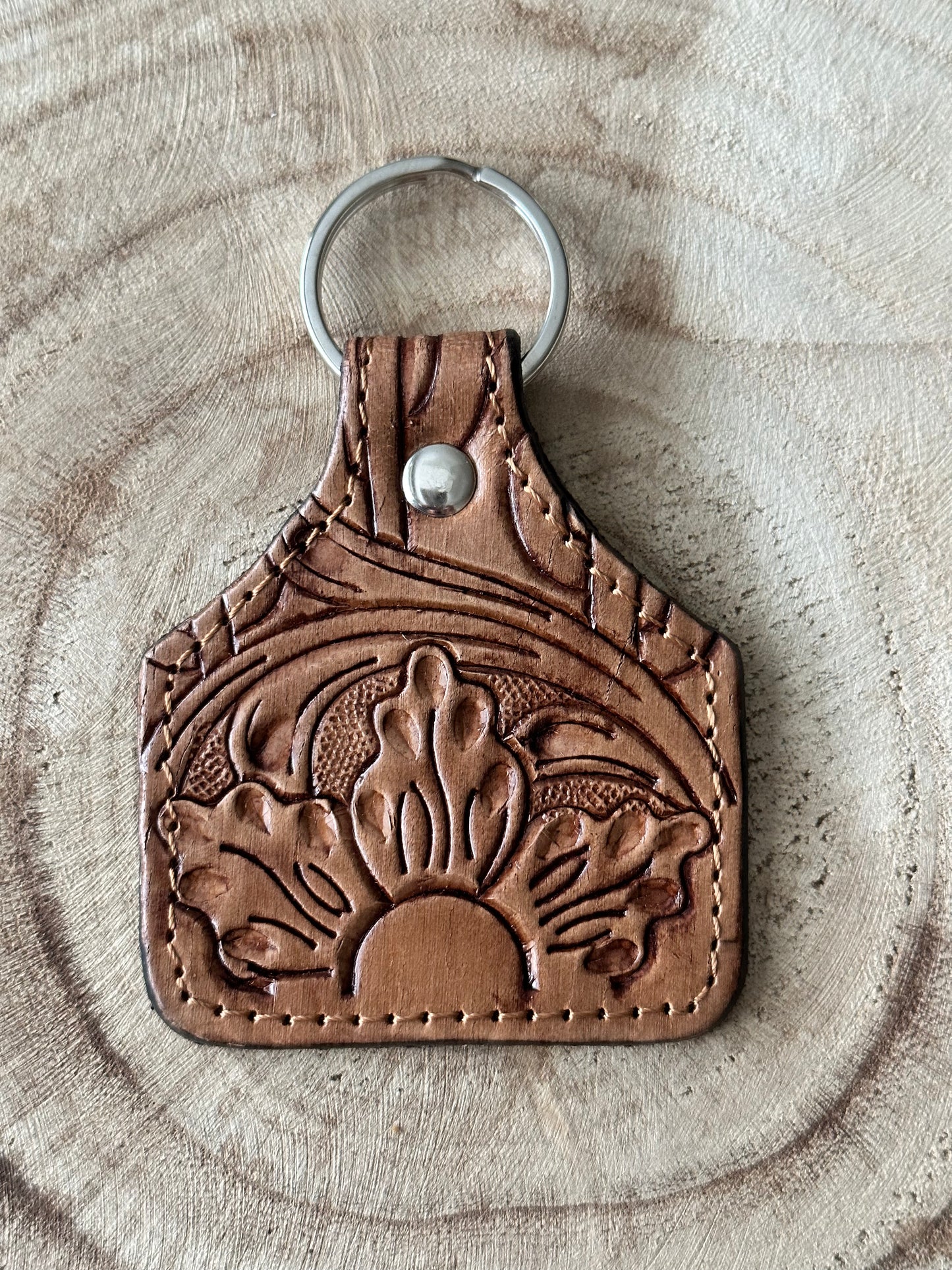 FLOSSY - Tooled Leather Cattle Tag Key Rings / Bag Tags