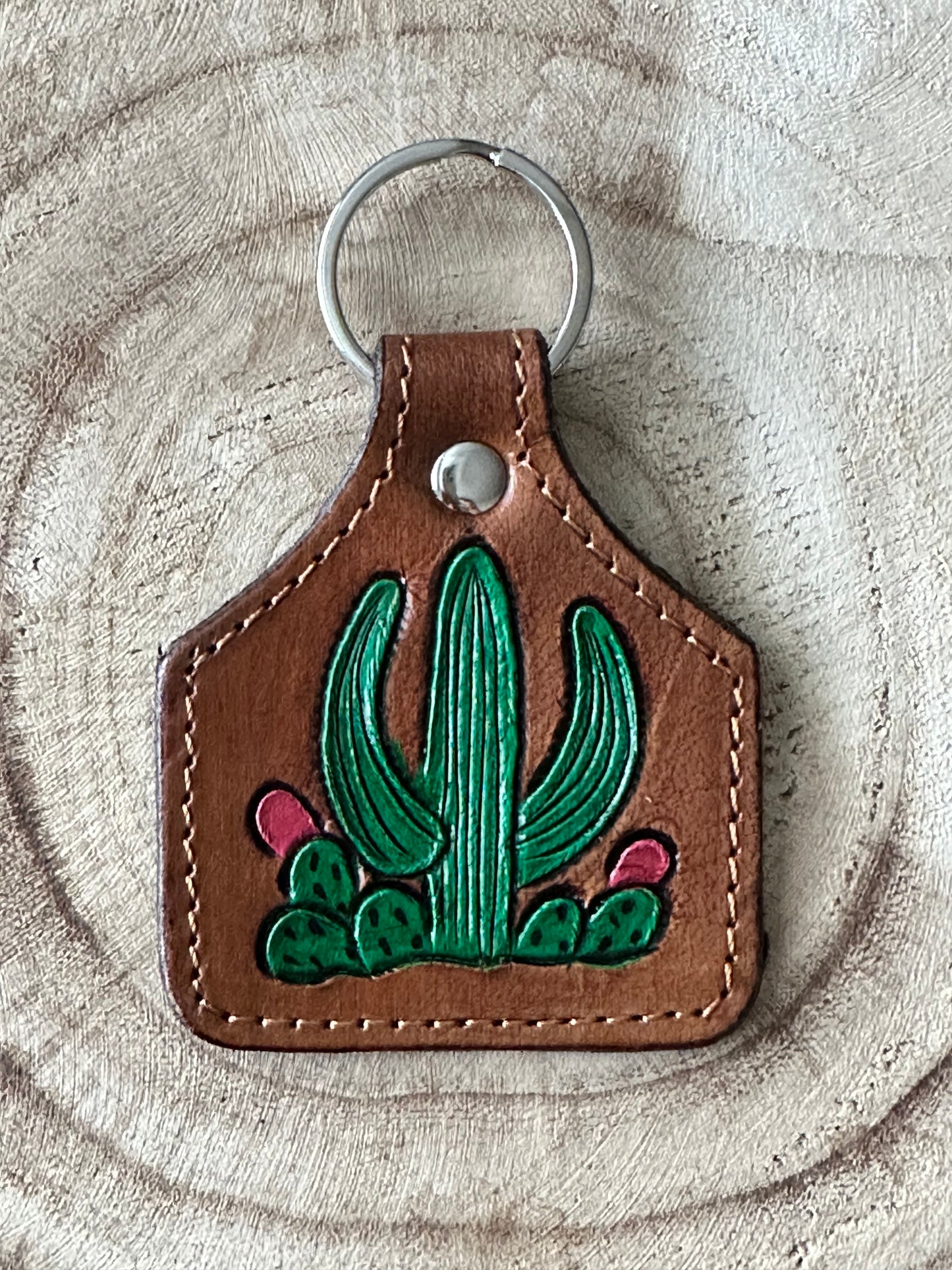 CACTI - Tooled Hand Painted Leather Cattle Tag Key Rings / Bag Tags