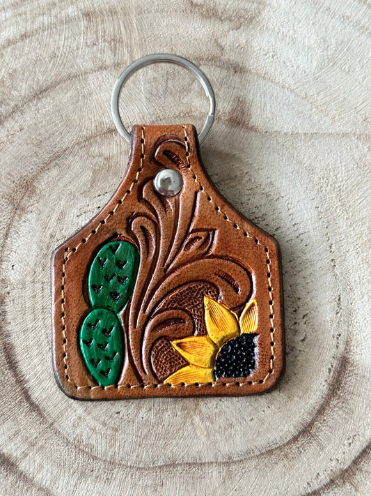 SUNNY - Tooled Hand Painted Leather Cattle Tag Key Rings / Bag Tags